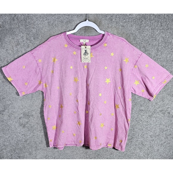 easel Tops - Easel T-Shirt Womens Size Small Pink Gold Stars Short Sleeve Crew Neck Cotton
